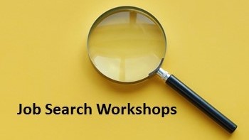 Job Search Workshops; magnifying glass on a yellow background